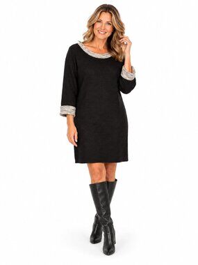 Notations Womens L Black Sweater Knit Midi Dress Long Sleeve Contrast Trim